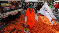 Sejak dahulu, wortel digunakan oleh para pedagang tembakau atau dalam Bahasa Prancis disebut buralistes dalam aksi demo. (Foto: REUTERS/Philippe Wojazer)