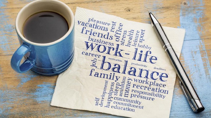 work life balance word cloud - handwriting on a napkin with a cup of coffee