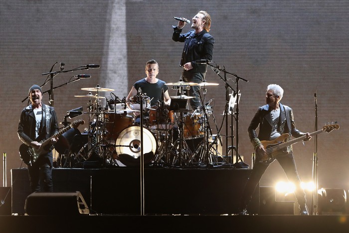U2 GLENDALE, AZ - SEPTEMBER 19: (L-R) The Edge, Larry Mullen Jr, Bono and Adam Clayton of U2 perform during The Joshua Tree Tour 2017 at University of Phoenix Stadium on September 19, 2017 in Glendale, Arizona. (Photo by Christian Petersen/Getty Images)