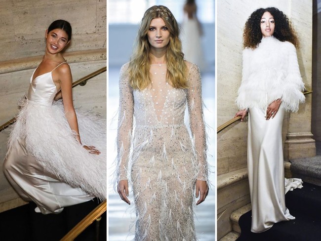 Ornamen bulu sebagai penghias gaun akan menambah kesan glamour. Desainer bridal seperti Monique L’huillier, Berta Bridal bisa jadi inspirasinya. Foto: ist