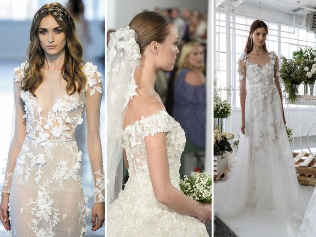 Gaun pengantin dengan ornamen 3D masih akan jadi favorit untuk 2018. Detail ini membuat gaun pengantin putih klasik terasa modern dengan ornamen bertekstur di atas kain transparan. Tren ini hadir di koleksi Marchesa, Dennis Basso dan Berta Bridal. Foto: ist