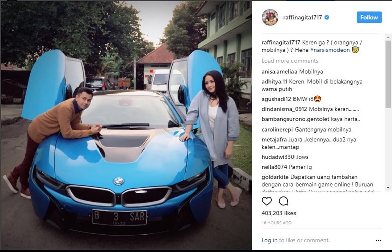 Raffi Ahmad dan Nagita Slavina Berpose di Sebelah BMW i8 (Foto: Screenshot Instagram) Raffi Ahmad dan Nagita Slavina Berpose di Sebelah BMW i8 (Foto: Screenshot Instagram)