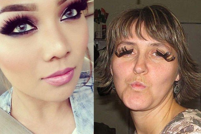 Wanita sering pakai bulu mata palsu agar tampilan makeup lebih maksimal. Kalau salah pakai, hasilnya bisa tak sesuai realita seperti ini. Foto: ist