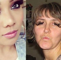 Wanita sering pakai bulu mata palsu agar tampilan makeup lebih maksimal. Kalau salah pakai, hasilnya bisa tak sesuai realita seperti ini. Foto: ist