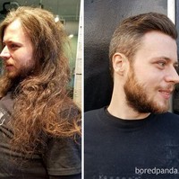 Pria berikut ini sudah mempertahankan rambut panjangnya selama 14 tahun. Dia akhirnya memangkas rambut jadi super pendek untuk kemudian didonasikan. Foto: Dok. Bored Panda