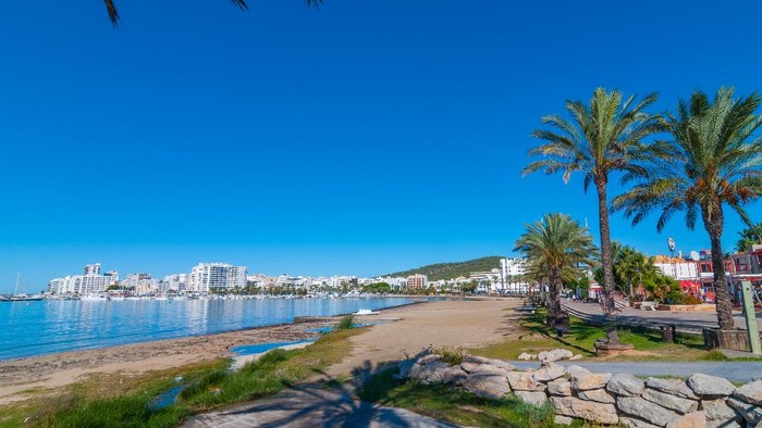 St Antoni de Portmany - city by A Balearic Island bay, row of palms lines the beach in Ibiza.  Morning walk along in the waterfront in Balearic Islands, Spain.