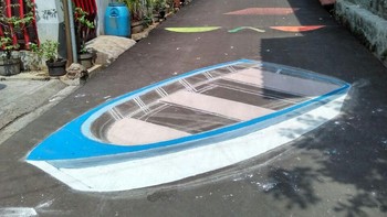 Semua gambar lukisan 3D-nya sudah habis sekitar Rp 1,5 juta diambil dari uang kas dan pengumpulan swadaya remaja. Diakui Alam nantinya akan ada biaya perawatan mengingat sedang musim hujan dan banyak warga lalu lalang. (Foto: Dok. Muhammad Alam)