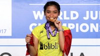 Gregoria Mariska tunjung, 18 tahun, juara dunia junior bulutangkis. Dia memecahkan paceklik gelar tunggal putri Indonesia selama 25 tahun milik Kristin Yunita. (Tim Humas Dan Social Media PP PBSI)