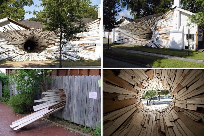 Dua seniman Dan Havel dan Dean Ruck membuat rumah unik yang dinamai Inversion House pada 2005. Mereka menggabungkan dua rumah, di mana bagian tengahnya dibuat terowongan dari kayu. Namun desain terowongan tersebut sangat unik seperti terlihat di foto ini. Foto: Istimewa