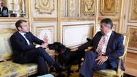 Tak cuma menyambut, Nemo juga menemani Macron saat berbincang dengan tamu negara (Foto: AFP PHOTO / POOL / ALAIN JOCARD)
