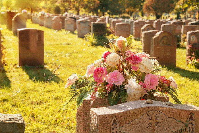 Ilustrasi Pemakaman Roses in a cemetery with headstones in the background (faded retro effect)