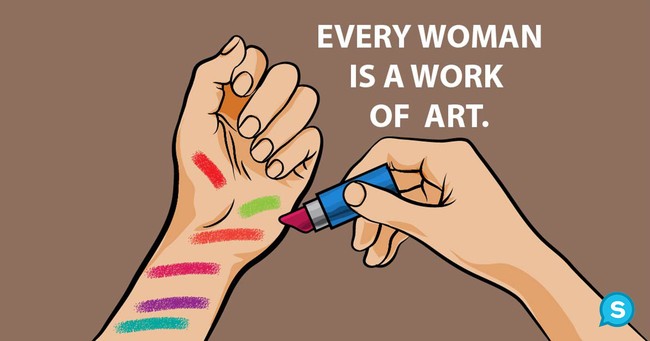 Wanita tak perlu kanvas untuk melukis. Cukup gunakan tangannya saja untuk melukis dengan warna-warni kosmetik yang ingin dibeli atau baru saja dibelinya. Kamu termasuk yang melakukan ini kan? Foto: Dok. Shareably