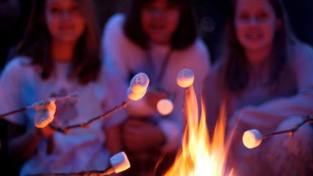 toasting marshmallows over a campfire. This image is not sharp focused. The fire in the foreground is clear-very shallow DOF.