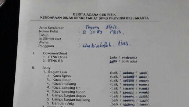 PKB DKI Baru Kembalikan Mobil Dinas DPRD Hari Ini