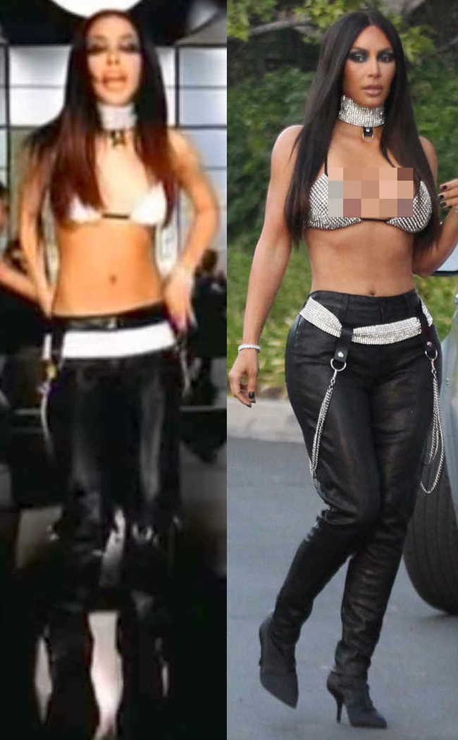 Penampilan Kim Kardashian berubah lagi menjadi Aaliyah di video klip Try Again yang rilis tahun 2000. Foto: Dok. Getty Images dan Instagram