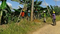 Pekerja PLN bergotong royong memasang tiang listrik di desa Sebamban. Foto: dok. PLN
