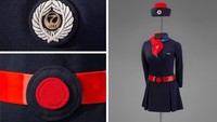 Untuk seragam pramuragi Japan Airlines tahun 1970, didesain oleh Hanae Mori. Di sisi depan topi diberi motif bangau, sedangkan ikat pinggang melambangkan mentari terbit (SFO Museum)