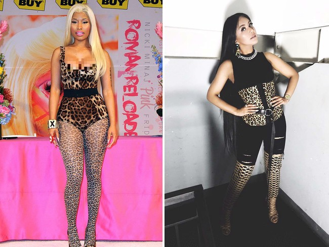 Nicki Minaj kerap bergaya dengan busana-busana bermotif leopard. Mengambil inspirasi dari rapper idolanya itu, Denada pun tampil dengan busana nuansa leopard.  Foto: Instagram