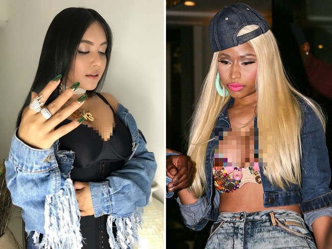 Ini gaya lainnya yang diikuti Denada dari  Nicki Minaj. Belakangan, baju seksi tak pernah lepas dari penampilan Denada. Ibu satu anak itu pun tak luput dari nyinyiran netizen. Itu BH ama stagen kok di pke gtu aja? Ga pake bju lagi...kan mba denada artis masa ga bisa bli bju sih mba, nyinyiran netizen.  Foto: Instagram