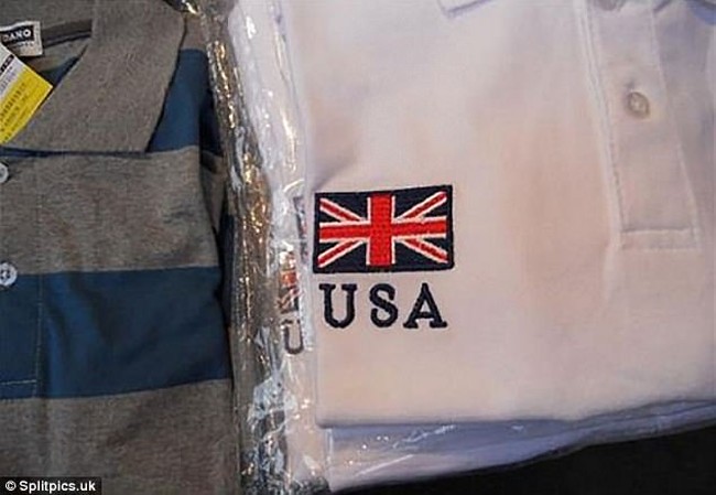 Hati-hati juga ketika ada bordir atau gambar di baju jangan sampai keliru. Seperti kaos yang satu ini, bordir bendera Inggris tapi bertuliskan USA. Foto: Ist.