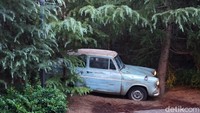 Sebelum masuk ke wahana, traveler akan melewati jajaran pohon pinus bak di Hutan Larangan. Di sana, teronggok mobil terbang milik Ron Weasley. Ajaibnya, mobil ini bisa nyala sendiri lho (Wahyu/detikTravel)
