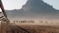 Nantinya para pemiliki atau joki unta akan berlari dan mngarahkan untanya dari luar area balapan. (Muhammad Hamed/REUTERS)