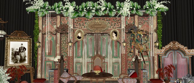 Photobooth lainnya menggunakan gebyok sebagai latar. Nantinya juga Vespa klasik juga akan dipakai untuk properti sehingga menciptakan perpaduan klasik dan retro yang unik. Foto: Dok. Asmoro Decoration. 