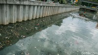 Petugas menyusuri sungai untuk membersihkan sampah-sampah yang mengambang.