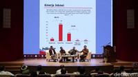 Pengamat politik Burhanudin Muhtadi (kanan) memaparkan analisis kinerja Jokowi bersama pengamat UGM Danang Parikesit (kedua kanan) dan guru besar Universitas Hasanudin Rasyid Asba (kiri).