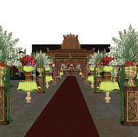 Pertama kali masuk, tamu akan disambut karpet merah panjang yang di setiap sisinya dihiasi rangkaian bunga yang dramatis bergaya tradisional. Foto: Dok. Asmoro Decoration