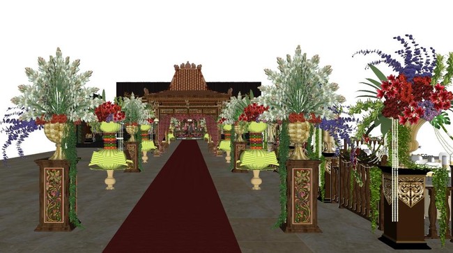 Pertama kali masuk, tamu akan disambut karpet merah panjang yang di setiap sisinya dihiasi rangkaian bunga yang dramatis bergaya tradisional. Foto: Dok. Asmoro Decoration