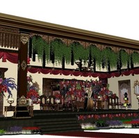 Nuansa Jawa semakin kental di pelaminan dengan kehadiran gebyok yang memang sudah menjadi bagian dari gedung pertemuan milik keluarga Jokowi itu.  Foto: Dok. Asmoro Decoration