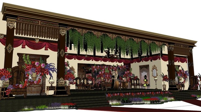 Nuansa Jawa semakin kental di pelaminan dengan kehadiran gebyok yang memang sudah menjadi bagian dari gedung pertemuan milik keluarga Jokowi itu.  Foto: Dok. Asmoro Decoration