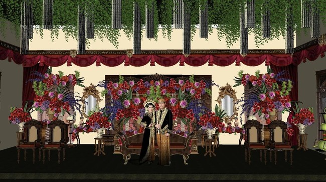 Untuk memberi sentuhan berbeda, gebyok akan dihiasi beragam rangkaian bunga yang didominasi warna merah dan ungu. Foto: Dok. Asmoro Decoration