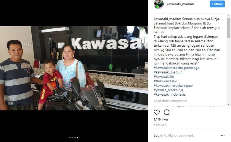Keluarga Ini Beli Motor Ninja Pakai Uang Receh (Foto: Screenshot Instagram @kawasaki_madiun) Keluarga Ini Beli Motor Ninja Pakai Uang Receh (Foto: Screenshot Instagram @kawasaki_madiun)