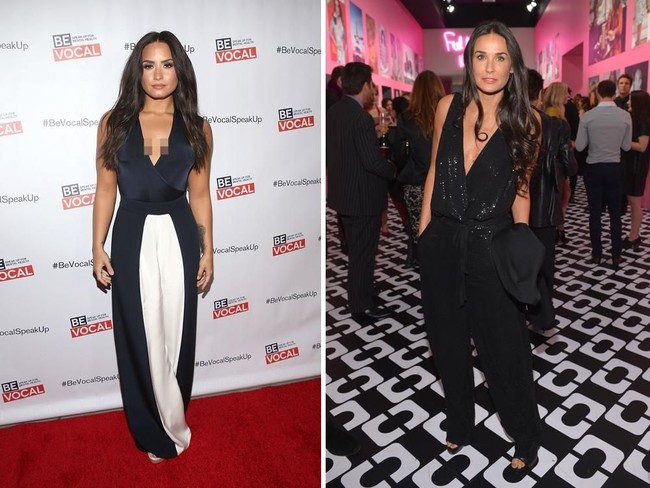 Selain fisik, Demi Lovato dan Demi Moore juga memiliki selera gaya yang hampir mirip. Busana seksi dengan fitur plunging neck atau belahan dada rendah kerap menjadi andalan mereka. (Foto: Getty Images)