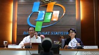 Kepala BPS Suhariyanto bersama Deputi Bidang Statistik, Distribusi dan Jasa BPS Yunita Rusanti memaparkan perkembangan ekspor-impor periode Oktober di Gedung BPS, Jakarta, Rabu (15/11).