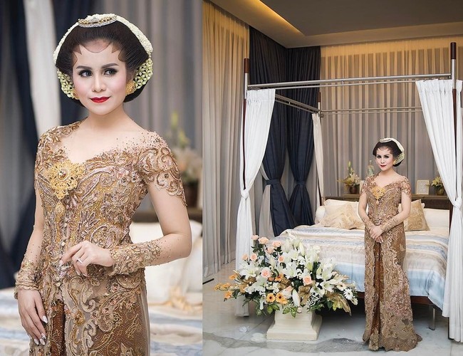 Momo Geisha tampil maksimal dengan kebaya nuansa coklat rancangan Anne Avantie di malam Midodareni. Kebaya pun tampak mewah dengan panjang semata kaki yang dipercantik aksesori kuningan sebagai bros di dada. Foto: Dok. Instagram