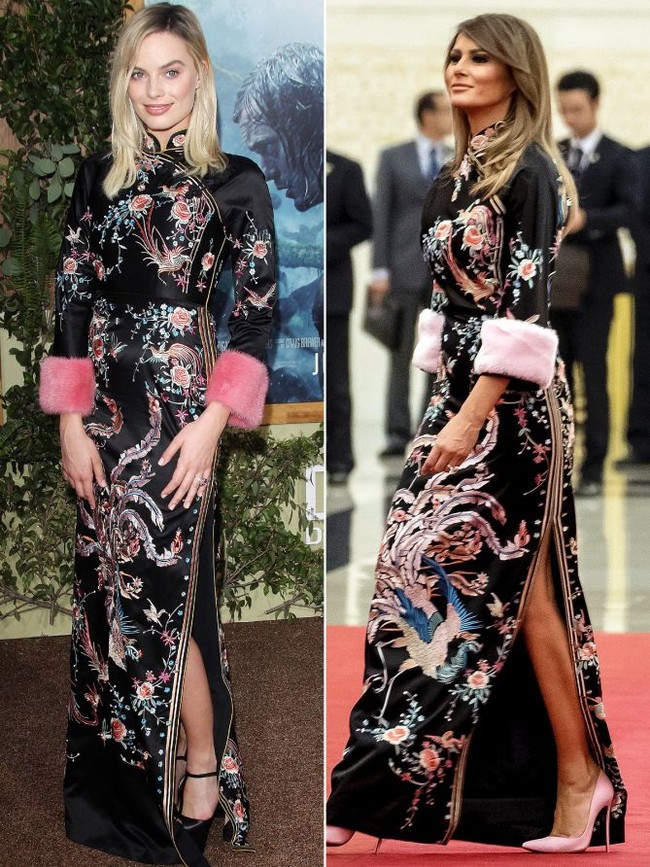 Margot Robbie memakai gaun Gucci yang terinspirasi budaya China ini di premier film Tarzan tahun 2016. Gaun yang sama dipakai Melania Trump ketika berkunjung ke Beijing, China pekan lalu. Foto: Ist.