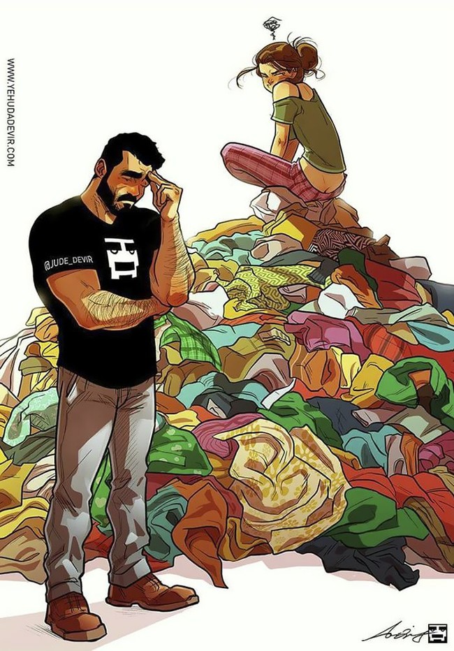 Istri kerap kali bingung untuk memilih baju saat hendak bepergian. Meskipun memiliki baju banyak di lemari, kebanyakan istri akan mengungkapkan tak mempunyai baju. Foto: Instagram jude_devir