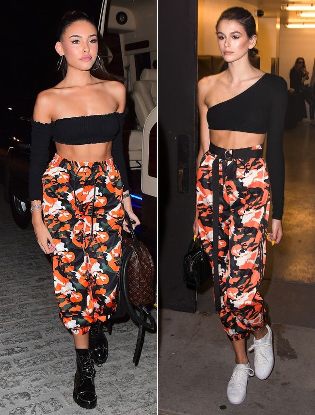 Gaya maskulin ditampilkan Kaia Gerber, model pendatang baru putri dari Cindy Crawford dengan celana camo dari label I.Am.Gia. Celana yang sama juga dipakai oleh Madison Beer. Keduanya kompak memadukannya bersama crop top hitam. Foto: Ist.