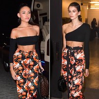Gaya maskulin ditampilkan Kaia Gerber, model pendatang baru putri dari Cindy Crawford dengan celana camo dari label I.Am.Gia. Celana yang sama juga dipakai oleh Madison Beer. Keduanya kompak memadukannya bersama crop top hitam. Foto: Ist.
