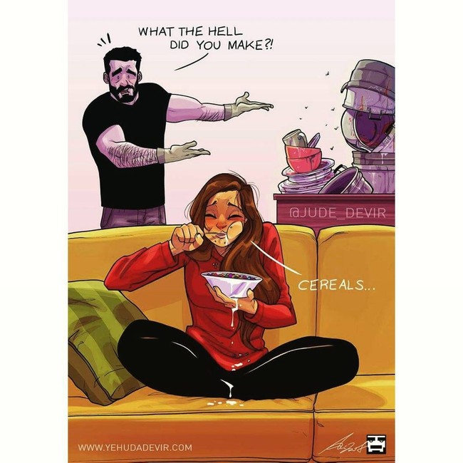 Saat suami kesal melihat tumpukan piring kotor, sementara itu sang istri tengah asyik ngemil makanan. Foto: Instagram jude_devir
