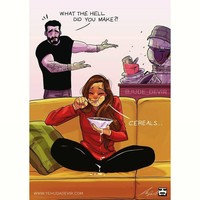 Saat suami kesal melihat tumpukan piring kotor, sementara itu sang istri tengah asyik ngemil makanan. Foto: Instagram jude_devir