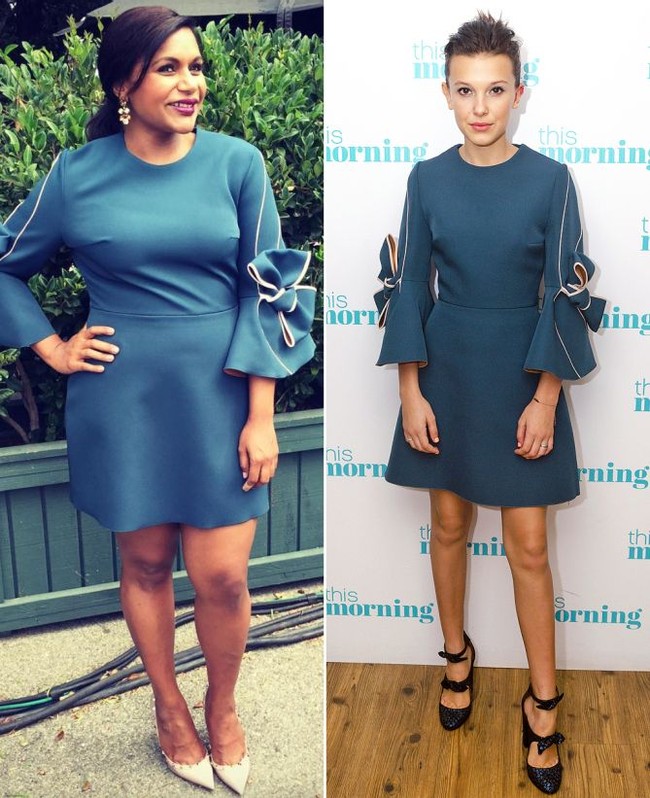 Gaun denggan pita besar di lengan dari Roksanda cocok dipakai berbagai usia. Dari gaya Millie Bobby Brown yang edgy, hingga Mindy Kaling yang elegan. Foto: Ist.