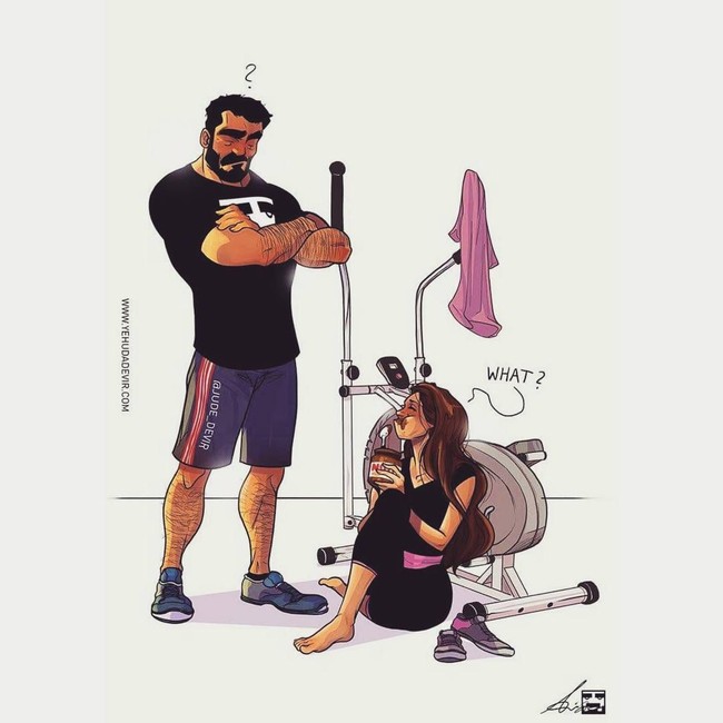 Awalnya memang akan olahraga dan pergi ke gym bersama suami, tapi faktanya istri malah makan dan tak lakukan latihan fisik. Foto: Instagram jude_devir