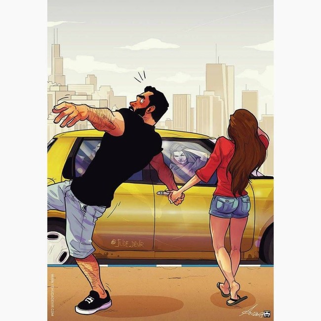 Saat tengah berjalan dan bergandengan bersama suami, namun melihat kaca mobil atau cermin, istri akan berhenti sebentar lalu berkaca dan membenahi penampilan dirinya. Foto: Instagram jude_devir