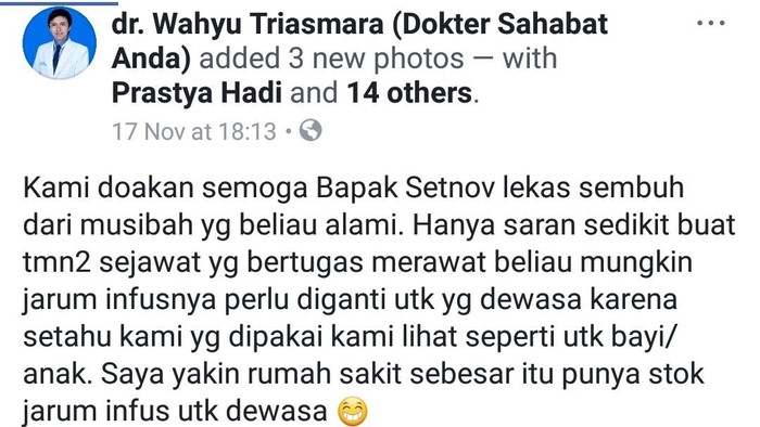 Viral Postingan Dokter Soal Jarum Infus Setya Novanto Sebelum Dipindahkan ke RSCM
