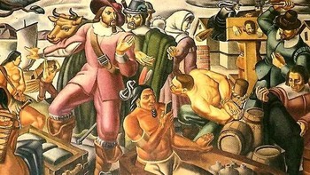 Lagi-lagi, sebuah gambar jadul memperlihatkan kemunculan ponsel. Dalam karya mural dari tahun 1937 berjudul Mr. Pynchon and the Settling of Springfield ini, sang pelukis Umberto Romano menggambarkan aktivitas di masa-masa sebelum Perang Revolusi di antara kalangan suku New England dan penduduk asli Inggris. Foto: Internet