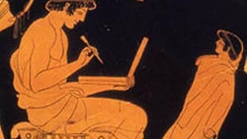 Orang-orang Yunani kuno mungkin telah menjelajah melewati waktu. Sebuah lukisan di permukaan vas karya pelukis Douris dari tahun 500 SM menampilkan seorang pria menggunakan benda mirip laptop dengan stylus. Foto: Internet